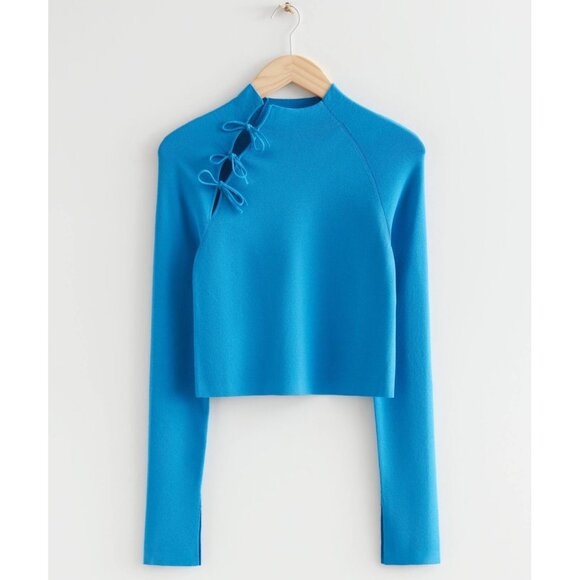 XS And & Other Stories Designer Asymmetrical Tie Cropped Turquoise Blue Sweater - Picture 2 of 13